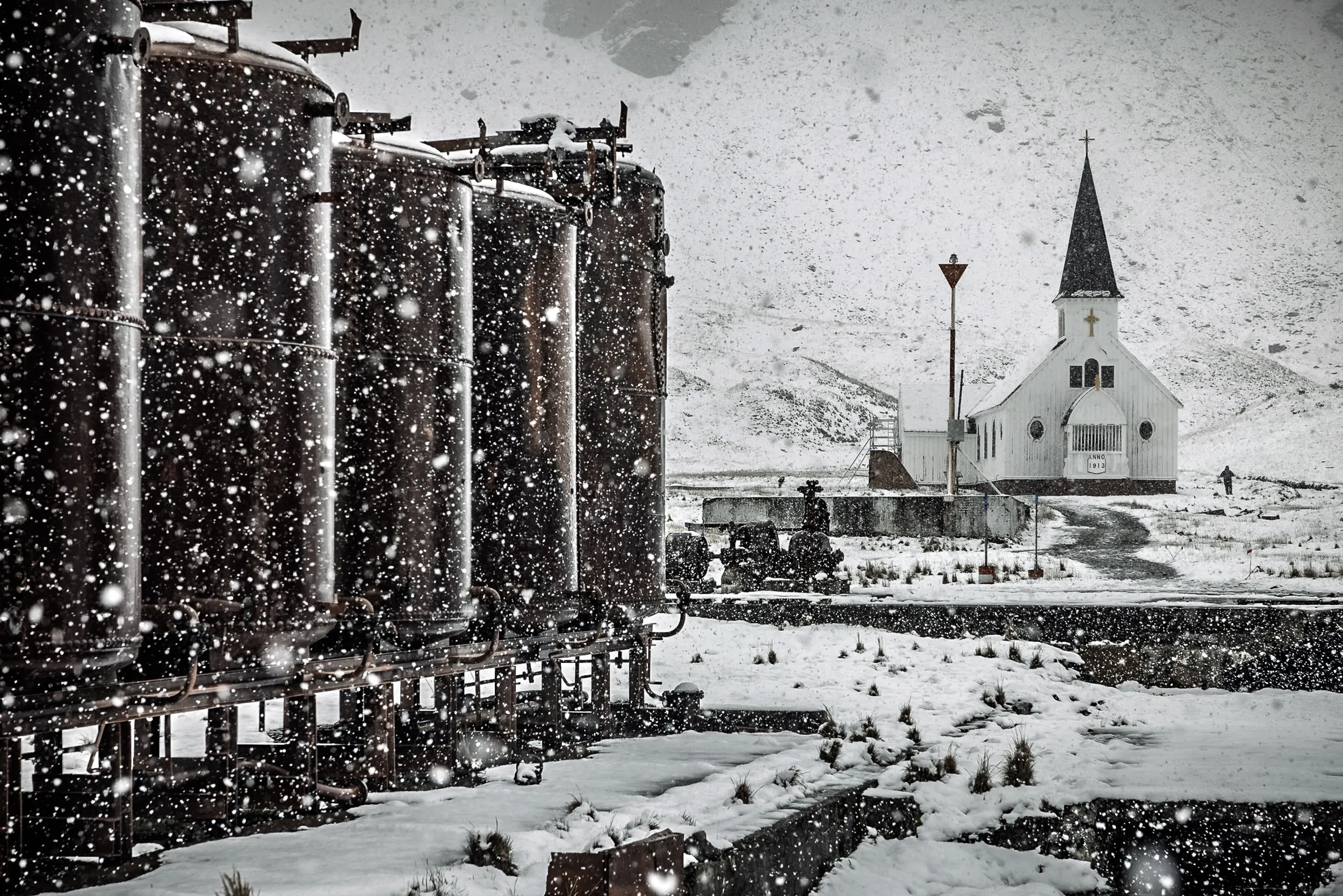 Snow Falls on a Sleeping Chapel · Grytviken, South Georgia